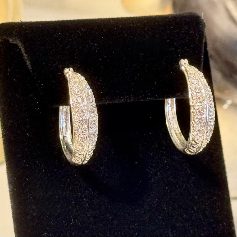 Silver and Rhinestone Pave Hoop Earrings